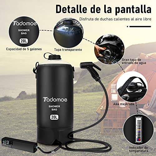 Tadomoe Ducha Portatil, Ducha Camper 5 Galones/20L con Bomba de Ducha Portátil, Bolsa Ducha Camping con Boquilla Práctica, Indicador de Temperatura, Ducha Solar para Playa, Camping, Senderismo, Viaje