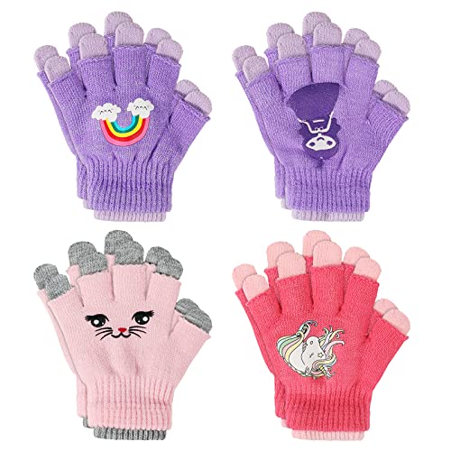 TAGVO Guantes Mágicos de Invierno para Niñas 4 Pares,Invierno Guantes Guantes Calientes Guantes de Dedos para Niños Niñas,Guantes de Punto para Niños Pequeños 5-13 Años