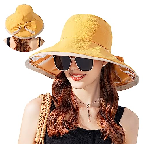 TAGVO Sombrero de Sol con Lazo Grande para Mujer, Anti UV Sombrero ala Ancha Mujer Sombrero de Verano Plegable Protector de Cuello Sombrero de Playa con Barboquejo para Exteriores, Senderismo