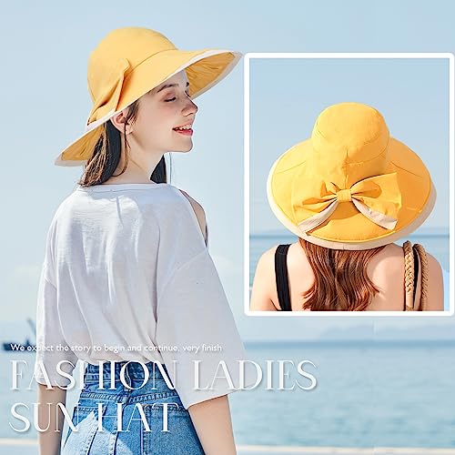 TAGVO Sombrero de Sol con Lazo Grande para Mujer, Anti UV Sombrero ala Ancha Mujer Sombrero de Verano Plegable Protector de Cuello Sombrero de Playa con Barboquejo para Exteriores, Senderismo