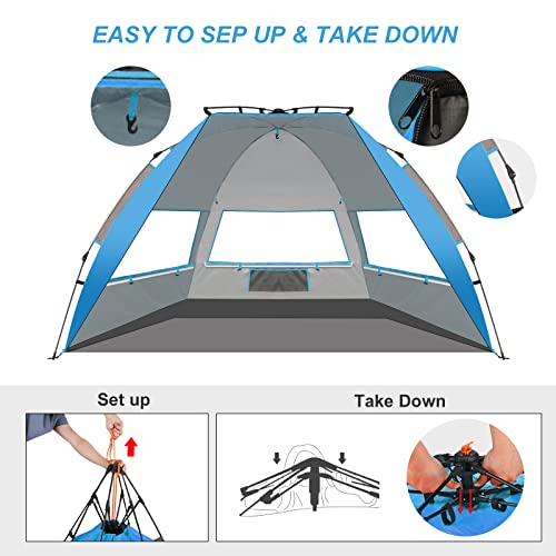 TAGVO Tienda de Playa, Impermeable Portátil Toldo de Playa para 3-4 Personas, Protección Solar UPF 50+ Respirable Carpa para Camping