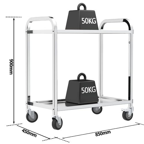 TAIMIKO - Carro de Servicio (Acero Inoxidable, con Ruedas, 2 bandejas, Carrito de Restaurante, con Ruedas, Almacenamiento móvil, Bandeja
