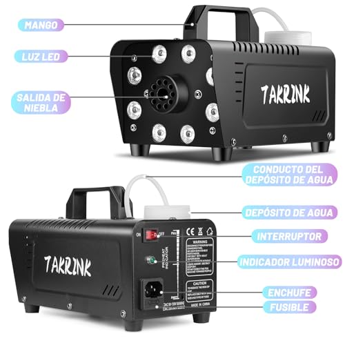 TAKRINK 900W Máquina de Humo Automática con 8 LED 16 Colores RGB Máquina de Niebla con Remoto Inalámbrico Fog Machine Portátil para Fiesta Escenario Discoteca DJ Club Boda