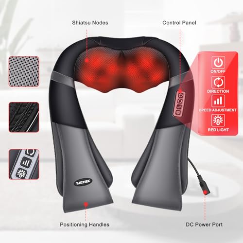 TAKRINK Masajeador Shiatsu 16 Cabezales de Masaje Integrados Masajeador de Hombros Cuello 3 Niveles de Velocidad Dirección Ajustable Relajación con Calor en Oficina Casa