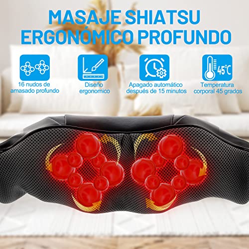 TAKRINK Masajeador Shiatsu Masajeador Cuello Hombro 16 Cabezales de Masaje Refuerzo de Velcro 3 Velocidad Dirección Ajustable Relajación con Calor Cable de Alimentación 1,8m