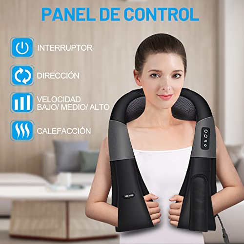 TAKRINK Masajeador Shiatsu Masajeador Cuello Hombro 16 Cabezales de Masaje Refuerzo de Velcro 3 Velocidad Dirección Ajustable Relajación con Calor Cable de Alimentación 1,8m