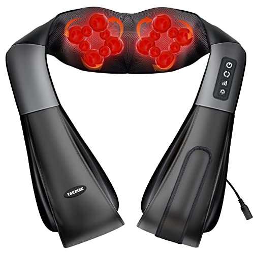 TAKRINK Masajeador Shiatsu Masajeador Cuello Hombro 16 Cabezales de Masaje Refuerzo de Velcro 3 Velocidad Dirección Ajustable Relajación con Calor Cable de Alimentación 1,8m