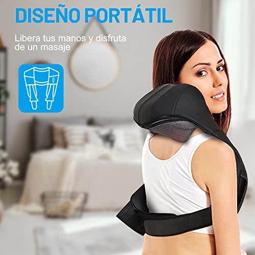 TAKRINK Masajeador Shiatsu Masajeador Cuello Hombro 16 Cabezales de Masaje Refuerzo de Velcro 3 Velocidad Dirección Ajustable Relajación con Calor Cable de Alimentación 1,8m