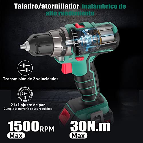 Taladro Atornillador 12V, HYCHIKA 104pcs Taladro Bateria Kit Herramientas Bricolaje, 2.0Ah destornillador electrico, 30N.m Par Máx, 1 Hora de Carga Rápida, Caja Herramientas Completa