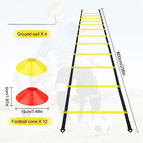 talifoca Accesorios de Entrenamiento de fútbol Agility Ladder 6 M-12 peldaños, Escalera de Entrenamiento de fútbol Escalera de coordinación con 12 Conos y 4 estacas para Entrenamiento