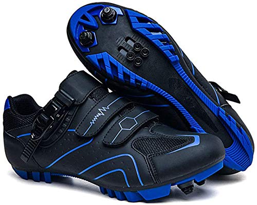 tangjiu Bicicleta de Montaña con Tacos, Zapatillas de Ciclismo de Carretera de Fibra de Carbono Transpirables, Zapatillas Deportivas Antideslizantes con Tiras Reflectantes (Azul,44)