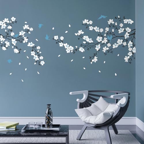 Tanlaby Azul Blanco Flor Pegatinas de Pared Grande Flor de cerezo Adhesivos Vinilos Rama Árbol Decorativos Pared para Dormitorio Salón TV Sofá Pared sala de Estar Oficina Hogar Pegatinas