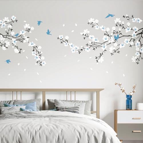 Tanlaby Azul Blanco Flor Pegatinas de Pared Grande Flor de cerezo Adhesivos Vinilos Rama Árbol Decorativos Pared para Dormitorio Salón TV Sofá Pared sala de Estar Oficina Hogar Pegatinas