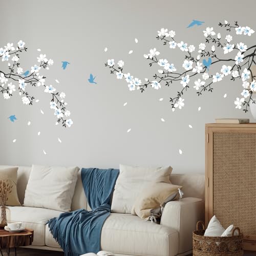 Tanlaby Azul Blanco Flor Pegatinas de Pared Grande Flor de cerezo Adhesivos Vinilos Rama Árbol Decorativos Pared para Dormitorio Salón TV Sofá Pared sala de Estar Oficina Hogar Pegatinas