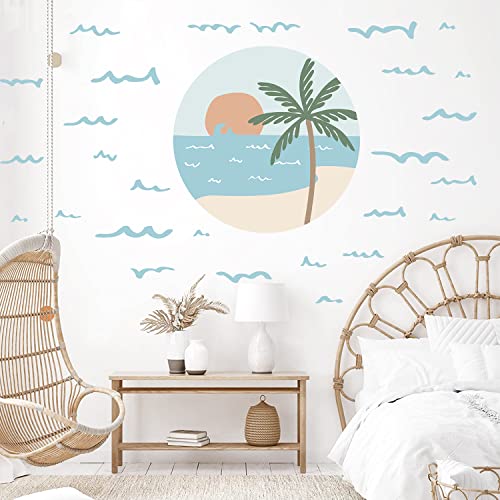 Tanlaby Palmeras De Playa Pegatinas de Pared Boho Paisaje Vinilo Decorativo Olas en la Playa Decorativos Pared para Dormitorio Salón TV Sofá Pared Sala de Estar Oficina Decoración