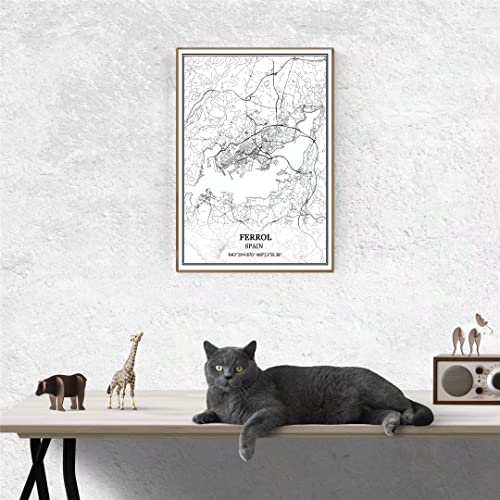 TANOKCRS Ferrol España Mapa de pared arte lienzo impresión cartel obra de arte sin marco moderno mapa en blanco y negro recuerdo regalo decoración del hogar -11x14 inches