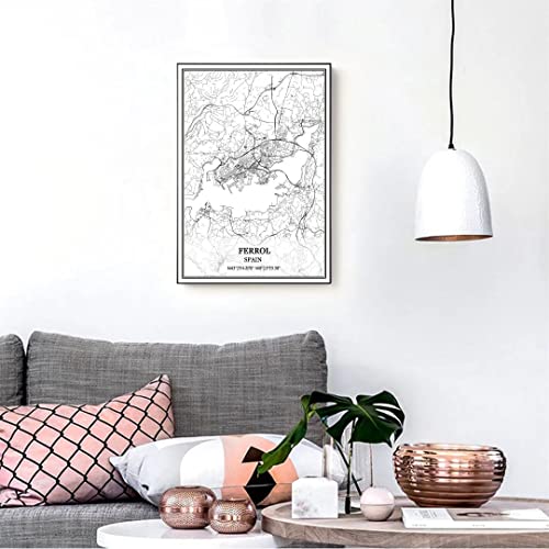 TANOKCRS Ferrol España Mapa de pared arte lienzo impresión cartel obra de arte sin marco moderno mapa en blanco y negro recuerdo regalo decoración del hogar -11x14 inches