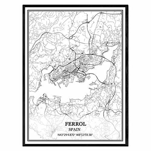 TANOKCRS Ferrol España Mapa de pared arte lienzo impresión cartel obra de arte sin marco moderno mapa en blanco y negro recuerdo regalo decoración del hogar -11x14 inches