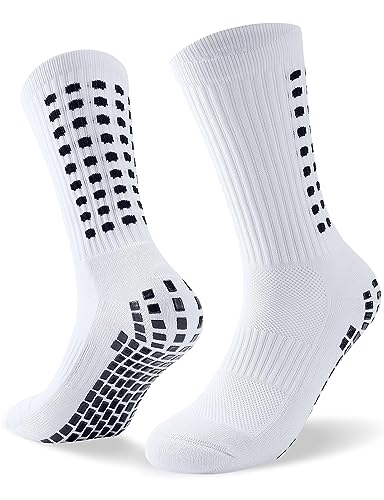 TANSTC Calcetines Antideslizantes Futbol, Calcetines Algodón Deporte Hombre Mujer 39-42 43-46, Unisex Meias Medias Futbol Para Running Yoga Pilates Atlético Hockey Escalada, Navidad, Blanco 1 Pares