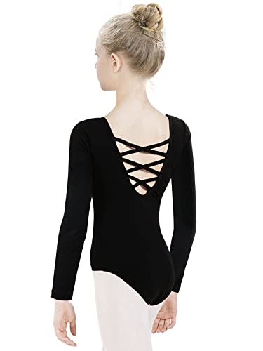 tanzdunsje Maillot de ballet Maillot de baile para niñas mujeres Leotardos de gimnasia de algodón de manga larga talla 100-170,negro 120