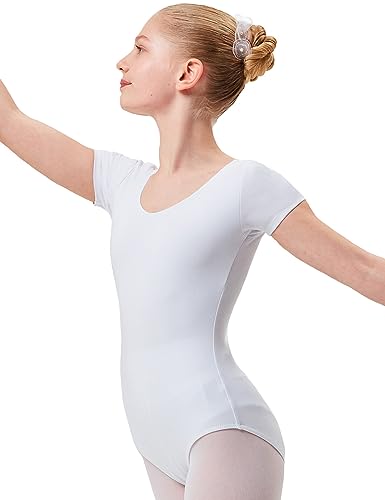 tanzmuster Maillot de Ballet 'Sally' de Manga Corta para niñas en Blanco, 152/158 (13-14 años)