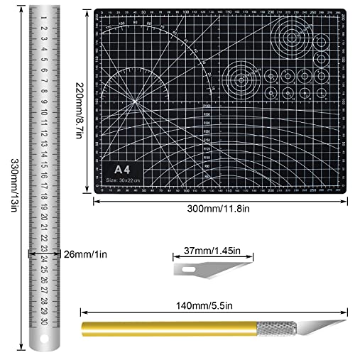 Tapete Corte, AMONENZ Alfombrilla de Corte Negra, 3mm de Espesor, con Cuchillo y Regla de Acero, Plancha de Corte Tamaño A4, Buena Recuperación, Usada como Tablero de Soporte Hecho a Mano