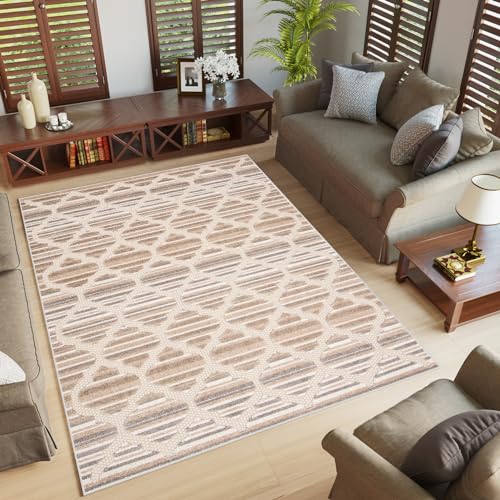 TAPISO Patio Alfombra de Pelo Corto Resistente Diseño Moderno Efecto 3D Beige Crema Gris Alfombra de Salón Habitación Dormitorio Comedor Oeko-Tex 80 x 150 cm