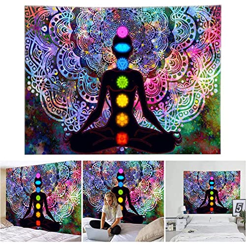 Tapiz Colgante de Pared, Tapiz Pared Yoga Mandala, Tapiz de Mandala Psicodélico Colorido, Tapiz de Meditación de Yoga, con 4 Clips y 4 Ganchos, para Colgar en el Estudio, Dormitorio, Estudio de Yoga