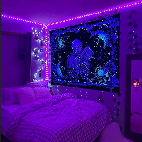 Tapiz de luz negra, tapiz PHUNAT para amantes de la calavera para colgar en la pared, tapiz para dormitorio estético, 150x130 cm (anchoxalto): 59.1 pulgadasxalto 51.2 pulgadas (amante de la calavera)