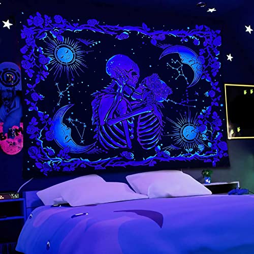 Tapiz de luz negra, tapiz PHUNAT para amantes de la calavera para colgar en la pared, tapiz para dormitorio estético, 150x130 cm (anchoxalto): 59.1 pulgadasxalto 51.2 pulgadas (amante de la calavera)