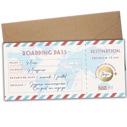 Tarjeta de rascar viaje sorpresa - Boleto de embarque personalizable - Boleto avión anuncio regalo - cumpleaños viaje sorpresa - en inglés - Modelo dolce vita