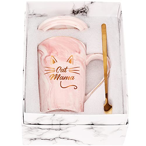 Taza Gato mamá Gato taza de café Taza de gato de novedad Regalos de gatos para mamá Madre Amante de los gatos Cumpleaños Regalos del Día de la Madre para Cat Mama de hija Hijo 400ML con tapa y cuchara