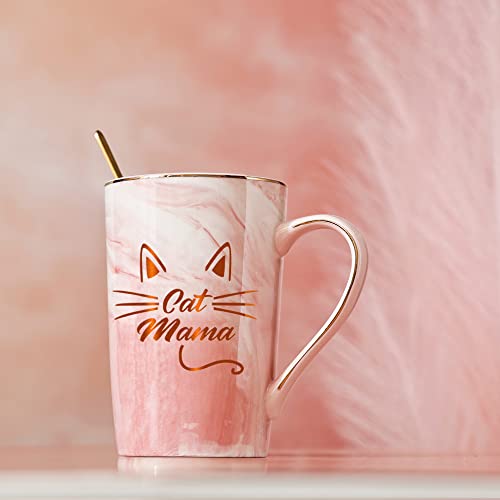 Taza Gato mamá Gato taza de café Taza de gato de novedad Regalos de gatos para mamá Madre Amante de los gatos Cumpleaños Regalos del Día de la Madre para Cat Mama de hija Hijo 400ML con tapa y cuchara