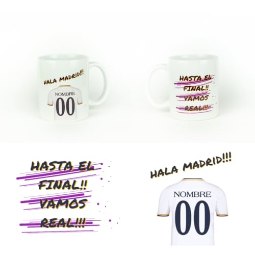 Taza personalizada del Madrid - Regalos originales - Regalos futbol - Camiseta equipos de futbol - Personaliza tu taza con tu nombre y tu numero - Regalos niños R Madrid