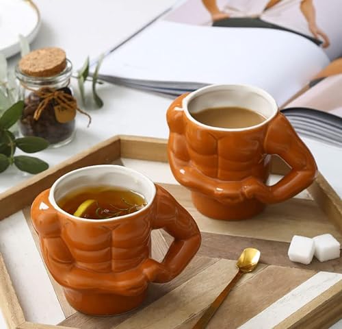 Tazas de Té 3d, Tazas Leche Desayuno Taza Cafe, Tazas Novel Tazas Hombre Musculoso Naranja, 350ml