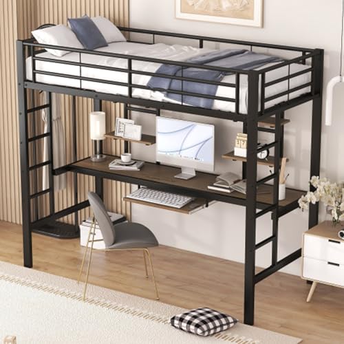 Tcewhhy Cama Metal 90x200 cm Cama De Hierro con Escritorio Y 2 Estanterías para Niños Jóvenes Y Adultos Cama Alta Cama Individual Cama Juvenil Cama Infantil Estructura De Cama De Metal Negro