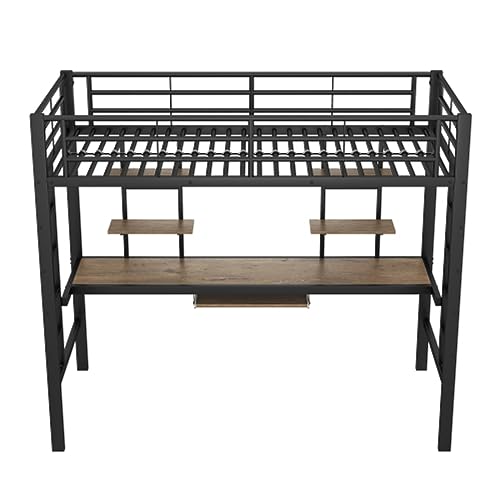 Tcewhhy Cama Metal 90x200 cm Cama De Hierro con Escritorio Y 2 Estanterías para Niños Jóvenes Y Adultos Cama Alta Cama Individual Cama Juvenil Cama Infantil Estructura De Cama De Metal Negro