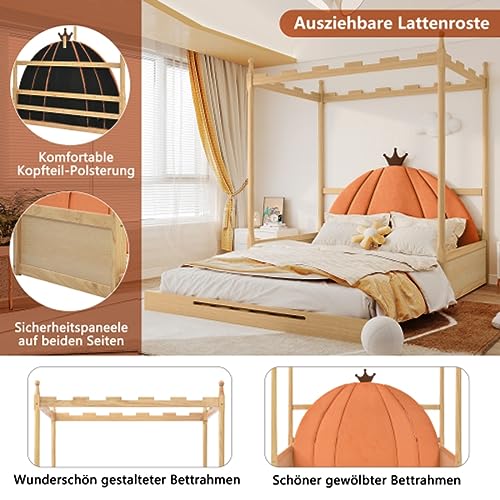 Tcewhhy Cuna Extensible Cama Corredera Cama Doble 140x100cm Y 140x200cm Cama Juvenil Dosel Cuadrado De Castillo Cama De Madera Diván Marco De Pino Natural Y Naranja