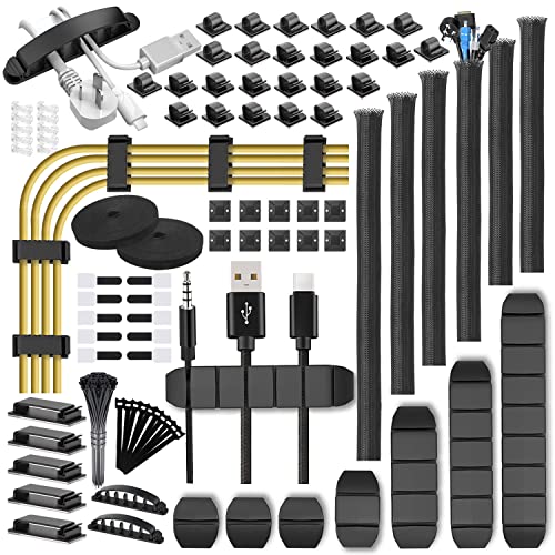 TDEBSSY 188 Caja de Almacenamiento de Cables Negra, 6 fundas 50 Retenedores 100 Correas de Mazo de Cables 10 Retenedores Adhesivos 20+2 Tiras de Mazo de Cables Reutilizables Para Televisores y PC