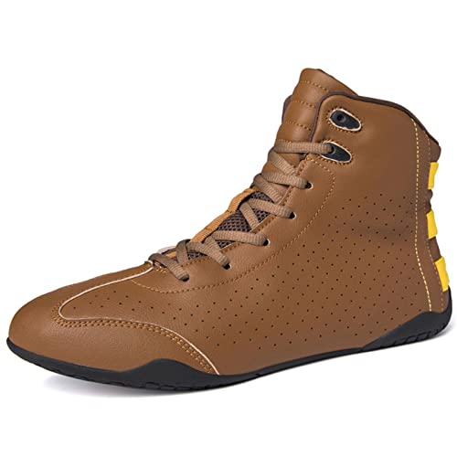 TECDOTO Zapatos de Boxeo para Hombre Tobillera Profesional Zapatos de Lucha Botas de Boxeo Zapatos de Entrenamiento de Combate Suela de Goma,Brown-39EU