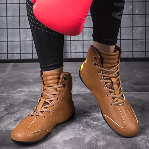 TECDOTO Zapatos de Boxeo para Hombre Tobillera Profesional Zapatos de Lucha Botas de Boxeo Zapatos de Entrenamiento de Combate Suela de Goma,Brown-39EU