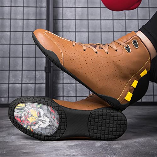 TECDOTO Zapatos de Boxeo para Hombre Tobillera Profesional Zapatos de Lucha Botas de Boxeo Zapatos de Entrenamiento de Combate Suela de Goma,Brown-39EU