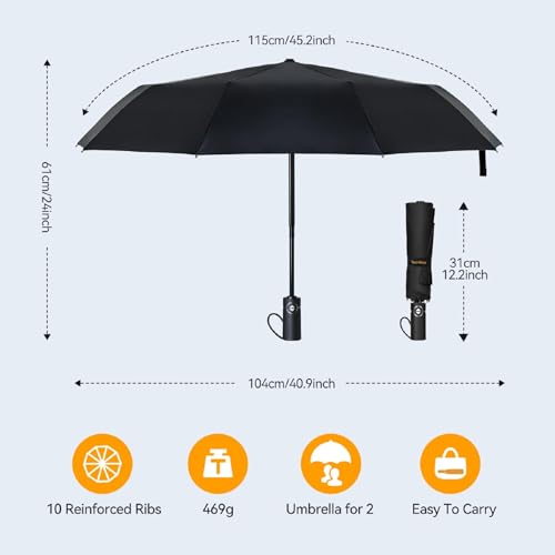 TechRise Paraguas Plegable Automático, Paraguas Resistente al Viento con 10 Varillas, Paraguas Grande de 104 cm de Tamaño para Hombres y Mujeres, Apertura y Cierre Automáticos con un Solo Botón