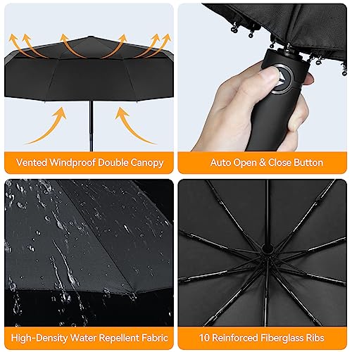 TECKNET Paraguas Plegable, Antiviento Sombrilla con Doble Cubierta para Hombres, Automático Abierto y Cierre, Ligero Portátil, Viaje Grandes Umbrella de 10 Varillas, Negro