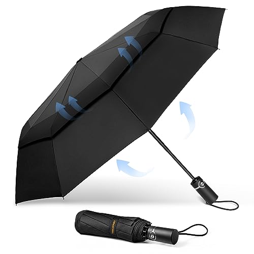 TECKNET Paraguas Plegable, Antiviento Sombrilla con Doble Cubierta para Hombres, Automático Abierto y Cierre, Ligero Portátil, Viaje Grandes Umbrella de 10 Varillas, Negro