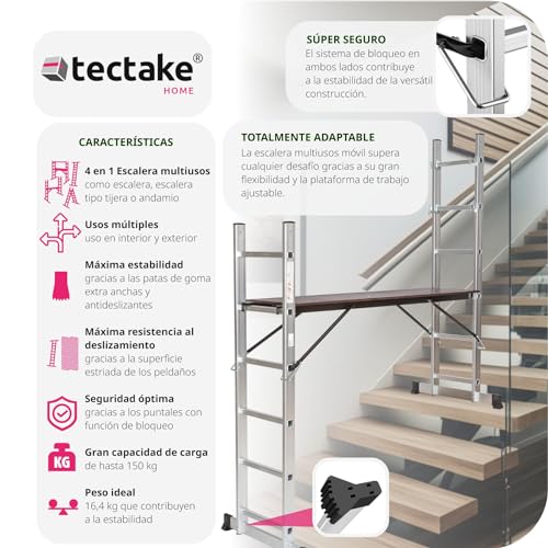 TecTake 401668 Escalera 4 en 1 de Aluminio Multiusos Combinación y Andamio Plataforma de Trabajo