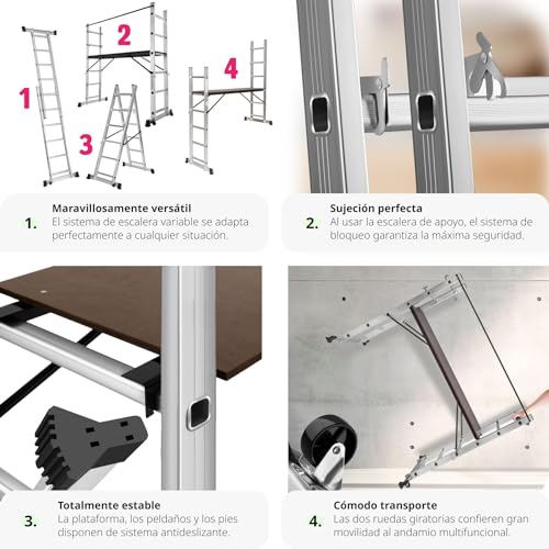 TecTake 401668 Escalera 4 en 1 de Aluminio Multiusos Combinación y Andamio Plataforma de Trabajo