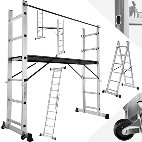 TecTake 401668 Escalera 4 en 1 de Aluminio Multiusos Combinación y Andamio Plataforma de Trabajo