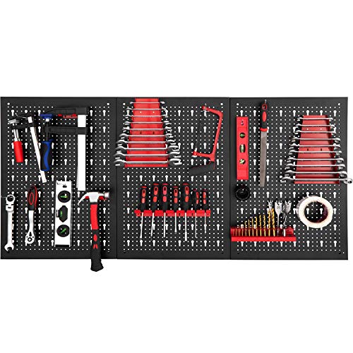 tectake 403559 Tablero perforado para herramientas, Panel metálico con agujeros para pared, Organizador multiusos con soportes, Estantería de almacenamiento portaherramientas, Oficina, Grande