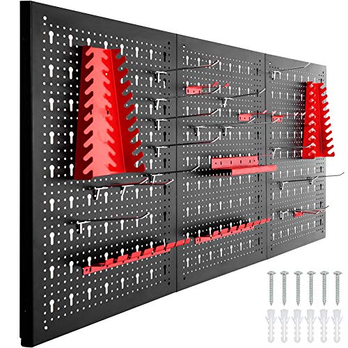 tectake 403559 Tablero perforado para herramientas, Panel metálico con agujeros para pared, Organizador multiusos con soportes, Estantería de almacenamiento portaherramientas, Oficina, Grande